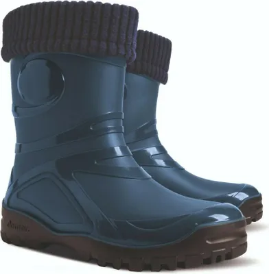 A pair of dark blue rubber boots with knitted cuffs, shown against a white background.