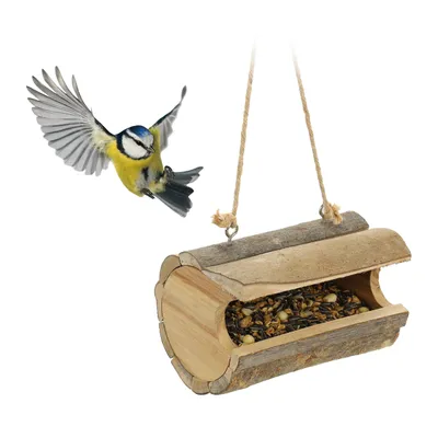 Immagine prodotto di Relaxdays Mangiatoia per uccelli da appendere, in legno con corteccia, mangiatoia per uccellini, A x L x P: 12 x 18 x 12,5 cm, naturale