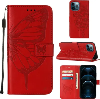 Produktbild von iPhone 12 Pro Max Hülle, Schmetterling Prägung Flip Leder Kartenfächer Schutzhülle Ledertasche mit Ständer für iPhone 12 Pro Max Rot