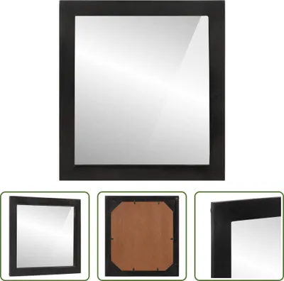 A collage of images showing a square mirror with a black frame from different angles, including the back.