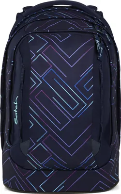 A navy blue satch backpack with a geometric pattern in purple, blue, and pink.