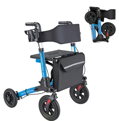 Immagine prodotto di SucceBuy Deambulatore pieghevole in 3 parti con sedile, deambulatore leggero a 4 ruote, ausilio per la deambulazione fino a 136 kg con schienale, borsa e porta-bastone, ausilio per la deambulazione regolabile in altezza con funzione di bloccaggio per anziani, blu