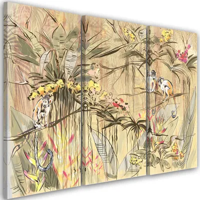 Produktbild von Triptychon auf leinwand dschungel-affen 120x80 cm Feeby beige wandbild bereit zum aufhängen