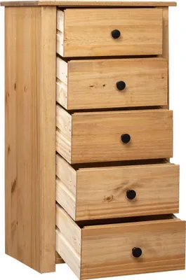 A tall, narrow wooden chest of drawers with five drawers, some of which are partially open.