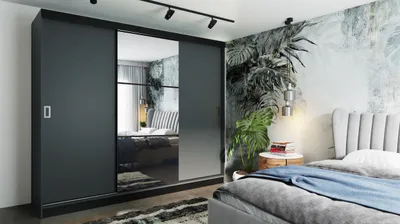Produktbild von RETRO-5 Schiebetürenschrank 200x205, Kleiderschrank, 3-türig, mit Spiegel - Anthrazit + Anthrazit + Schwarz + Schwarz (Türgriffe)
