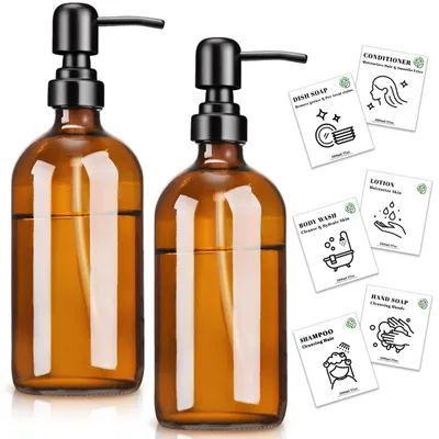 Productafbeelding van Euqvunn, 2 stuks amberkleurige glazen zeepdispenser, 500 ml, navulbare pompflessen