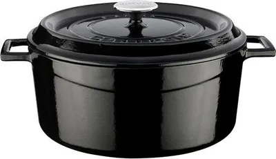 A black enameled cast iron pot with a lid.