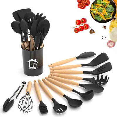 Produktbild von Küchenhelfer-Set – 12-teiliges Küchenhelfer-Set – Antihaftbeschichtetes Silikon und Holzutensilien, BPA-frei, ungiftiges Spatel-, Zangen-, Pfannenwender-, Löffel-Set