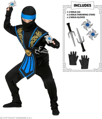 A child wearing a ninja costume, posing with toy ninja weapons.
