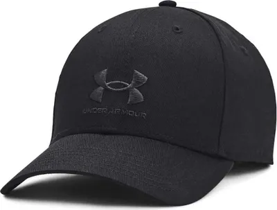 A black Under Armour baseball cap is shown from a front-side angle against a white background.