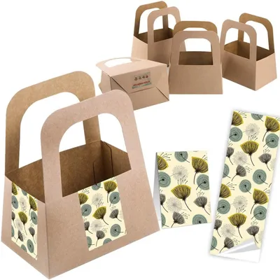 Produktbild von 5 Henkelkörbe aus Kraftpapier + 10 Aufkleber mit Pusteblumen