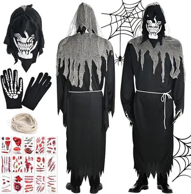 Productafbeelding van Faburo Halloween kostuum heren skelet horror kostuum met gezichtsmasker, handschoenen en 25 tattoos zombie kostuum volwassenen
