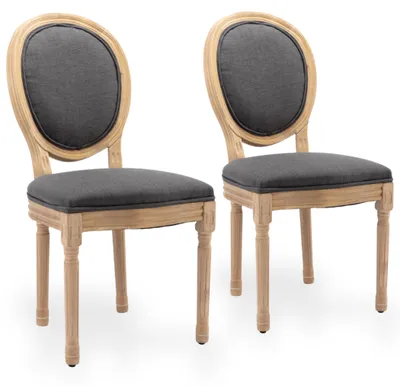 Immagine prodotto di Set di 2 sedie da pranzo in lino, con schienale ovale e struttura in legno di gomma effetto anticato, color grigio scuro