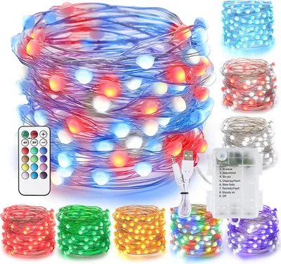 A collage of various LED string lights in different colors and configurations, along with a remote control and battery pack.