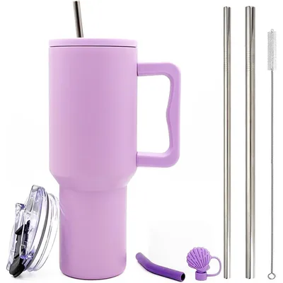 Image de Gobelet isotherme en acier inoxydable à double paroi, 1200 ml (40 oz), avec anse et paille, de couleur violet clair. Idéal à emporter