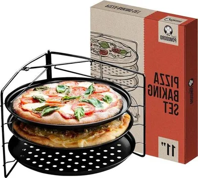 Produktbild von Famanu Pizzabakset - 3 Pizzapfannen mit Gestell - 28 cm Durchmesser
