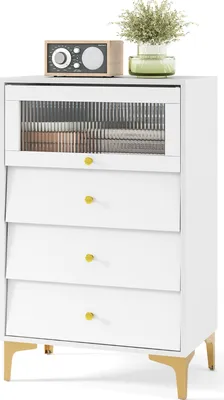 Immagine prodotto di KOMFOTTEU: cassettiera con cassetti e ante in vetro, credenza con gambe in metallo, mobile da cucina con ante scorrevoli, credenza per studio o ingresso, bianco (con 3 cassetti)