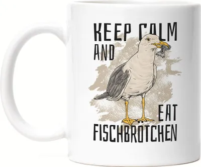 Produktbild von Keep Calm and Eat Fischbrötchen Tasse Weiß Möwe Ostsee Nordsee Matjes Bismarck