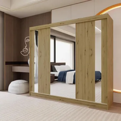 Image de BEAUTYSOFA Armoire à portes coulissantes GAJA II 240 cm - armoire à trois portes, armoire avec miroirs, barre de penderie et 4 tiroirs, couleur : Artisan