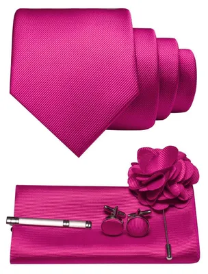 Produktbild von Herren Krawatten-Set Twill einfarbig mit Pocket Square, Manschettenknöpfen, Krawattenklemme, Brosche, heißes Rosa