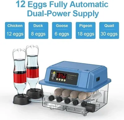 Immagine prodotto di Incubatrice automatica - Incubatrice automatica per uova - Capacità 12 uova - Rotazione automatica - Regolazione dell'acqua e della temperatura - Doppia alimentazione 12/220 V - Per uova di gallina