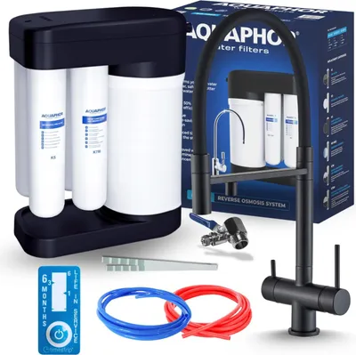 Produktbild von Wasserfilter Set Morion mit 3-Wege Küchenarmatur HighFlex Schwarz Matt, herausziehbare Brause, 360° schwenkbar