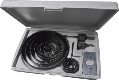 A set of hole saws and accessories in an open gray plastic case.