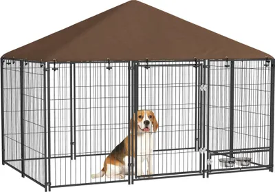 Image de PawHut Chenil extérieur pour Chiens en métal et Tissu Oxford avec Support gamelle et Toit résistant aux intempéries Espace spacieux 211 x 141 x 151 cm Noir