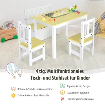 Zdjęcie produktu dla Zestaw krzesełek dla dzieci - Zestaw stolika dla dzieci - Stolik dla dzieci z krzesełkami - Drewniany stolik dla dzieci - Ławka z pojemnikiem