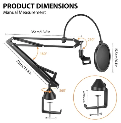 Produktbild von Professioneller Mikrofonarm - Mikrofonständer - 360° verstellbar - Tragkraft bis 2 kg - Popschutz - Mikrofonadapter - Komplettset