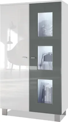 Produktbild von Vladon Vitrine Denjo,  Germany, Standvitrine mit 2 Türen und 3 Glaseinsätzen, Weiß matt/ Weiß Hochglanz/ Grau Hochglanz inkl. LED-Beleuchtung (71 x 129 x 35 cm)