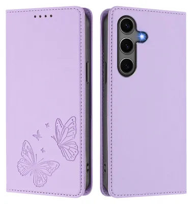 Image de Étui en cuir pour Samsung Galaxy S25+ / S24+, motif papillon en relief, étui portefeuille à rabat avec support, violet clair