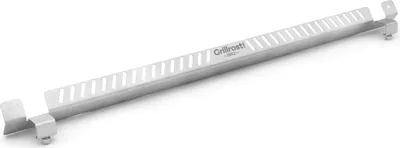 A silver metal wind deflector for a grill is shown on a white background.