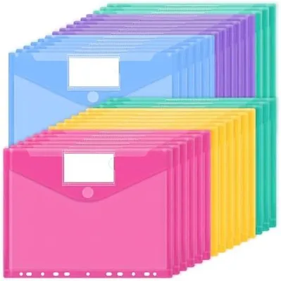 Produktbild von A4 Dokumententasche 30 Stück, 5 Farben Dokumentenmappe, Wasserdichte Mappen mit 11 Löchern, Klettverschluss und Etikettentaschen, Durchsichtige Dokumentenhüllen für Dokumente Organisiere