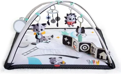 A baby play gym with various toys and a mat.