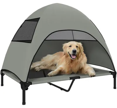Produktbild von Hundeliege Outdoor mit Dach, Erhöhtes Hundebett für Große Hunde, 106 x 76 x 99 cm, Hellgrau
