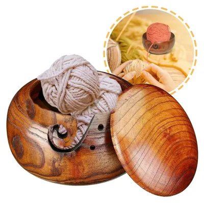 Produktbild von Garnschale aus Holz mit Deckel, Wollhalter, Handgefertigte Webfadenschale zum Stricken/Häkeln (16 * 7CM)