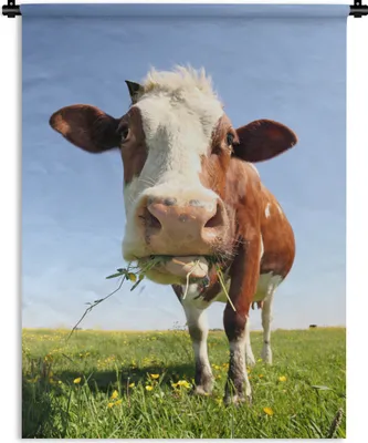 Produktbild von MuchoWow® Wandteppich Wandbehang Kuh - Tiere - Blumen - Gras 90x120 cm Tapisserie Dekoration Wandtuch - Wanddeko