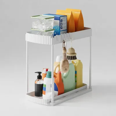 Produktbild von Unterbecken Organizer 2 Ebenen, ausziehbare Schublade, 5 Haken, weiß, für Küche