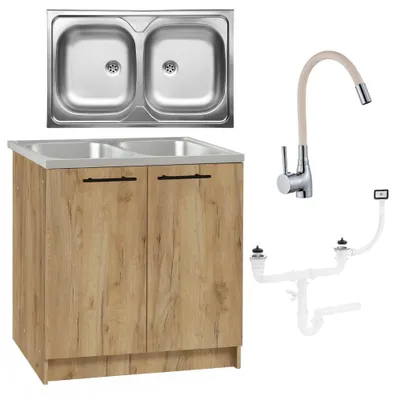 Produktbild von Stamar | Küchenschrank, mit Spüle, 2 Kammern, Eiche Gold, 80 cm, Flexible Armatur Beige, Siphon
