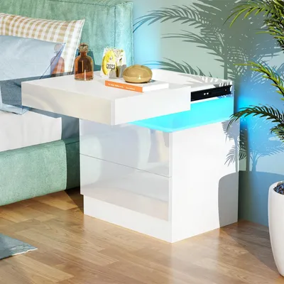 Produktbild von Nachttisch,Nachtschrank mit Led Licht,Einstellbare Farben,Weiß Hochglanz Nachtkommode mit Schiebekommode Oben,Beistelltisch Nachtschrank 40x35x52cm