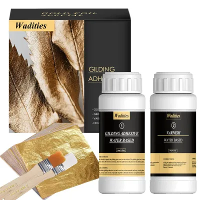 Image de Kit de feuilles d'or : 100 ml de colle, 100 ml de vernis, 100 feuilles d'or et 2 pinceaux
