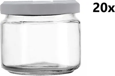 A clear glass jar with a gray lid, with the text '20x' on the right.
