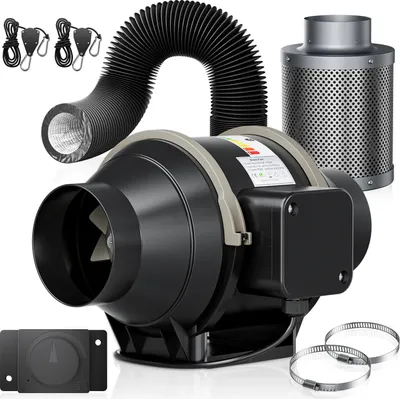 Produktbild von Lüftungsset für Growbox - Rohrventilator - 10 cm (100 mm) - 360 m³/h - Drehzahlregelung - Aktivkohlefilter - 220V AC - Schwarz