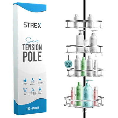 Produktbild von Strex Teleskop Duschregal Edelstahl - Höhenverstellbar 150-275 cm - 4 Körbe - Robuste Qualität - Befestigung ohne Bohren oder Schrauben - Teleskop-Duschregal Ecke