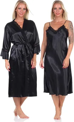 Immagine prodotto di Vestaglia da donna 2 pezzi kimono negligee vestaglia di raso con pizzo; nero/L/40