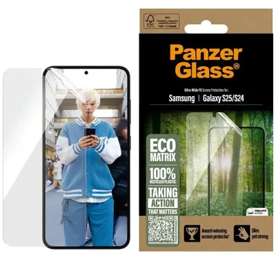 Obrázok produktu pre PanzerGlass ® ECO MATRIX Screen Protector Samsung Galaxy S25 | S24 | Ultra-Wide Fit, Samsung, Samsung - Galaxy S25, Samsung - Galaxy S24 5G, Suché aplikovanie, Odolné proti poškriabaniu, Odolný proti nárazom, Priehľadná, 1 kusov