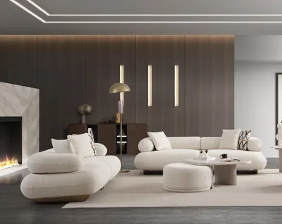 Produktbild von Elegantes Beiges Wohnzimmer Set Stoffsofa Polsterhocker Couchtisch
