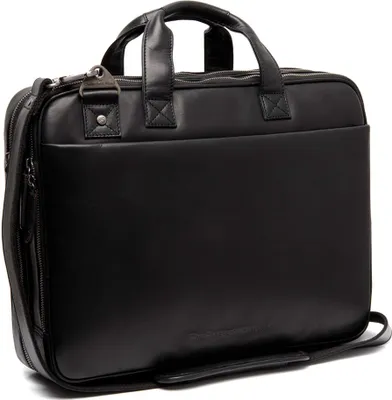 A black leather briefcase with a laptop compartment.