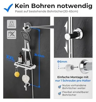 Productafbeelding van JOHO roestvrijstalen doucheset met slang en beugel, douchestang van 70 cm met verstelbare douchekophouder, handdouche met 3 straalpatronen, doucheplank, chroom